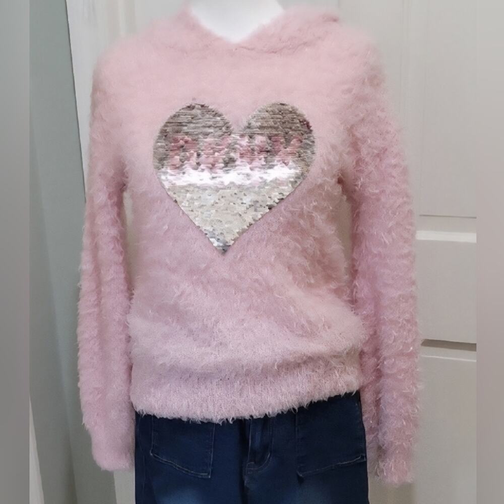 DKNY Sweater Hoodie Women's Size L, Pink Fuzzy Sequinned  Heart, Y2K